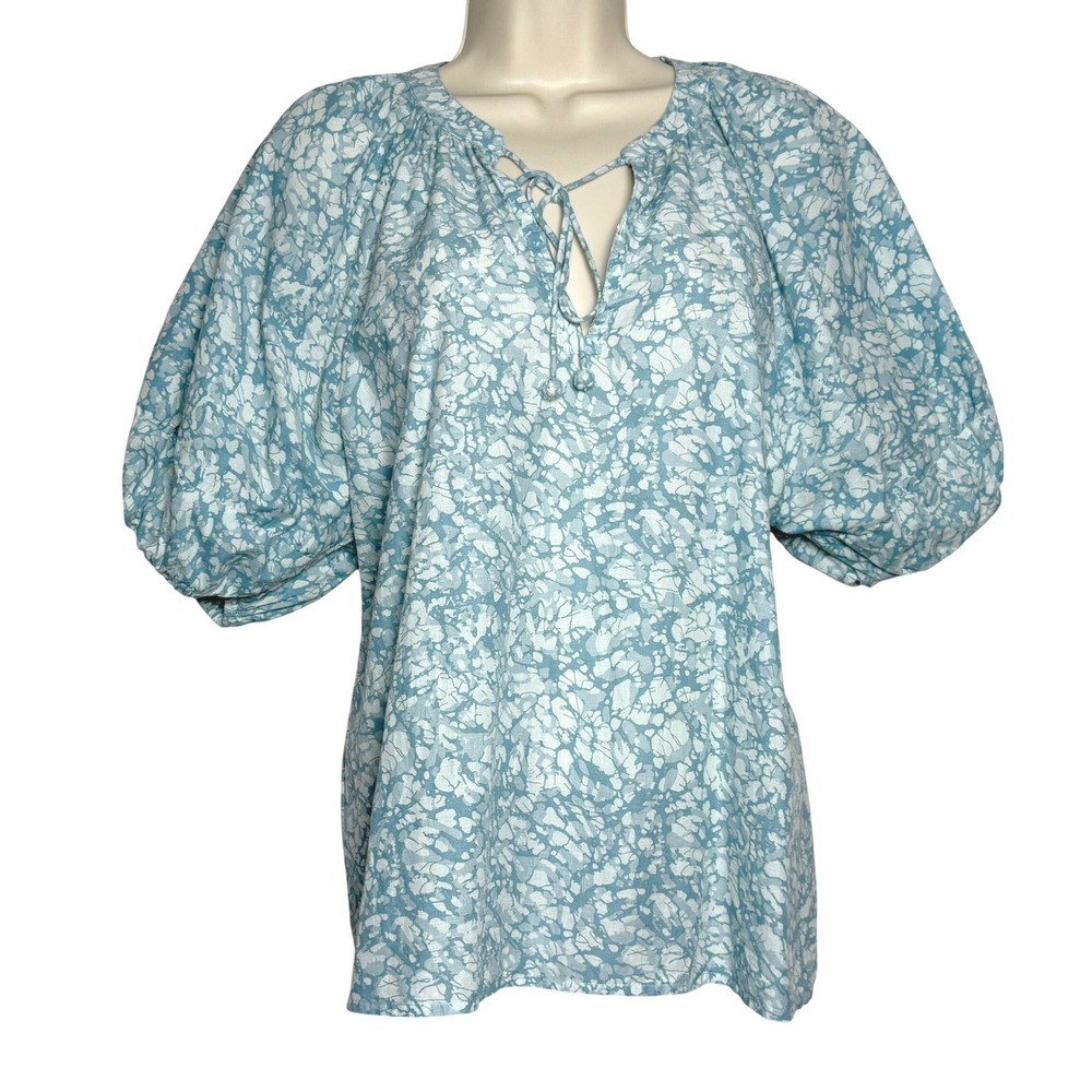House of Harlow Womens Popover Blouse S Blue Abstract Oversized Prairiecore Boho